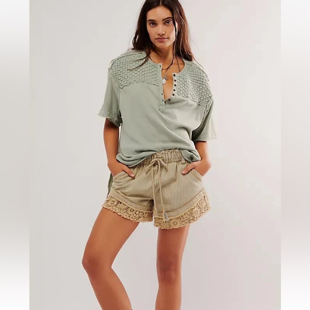 Free People We The Free Basket Weave Tee Oversized Button Round Neck Top Medium